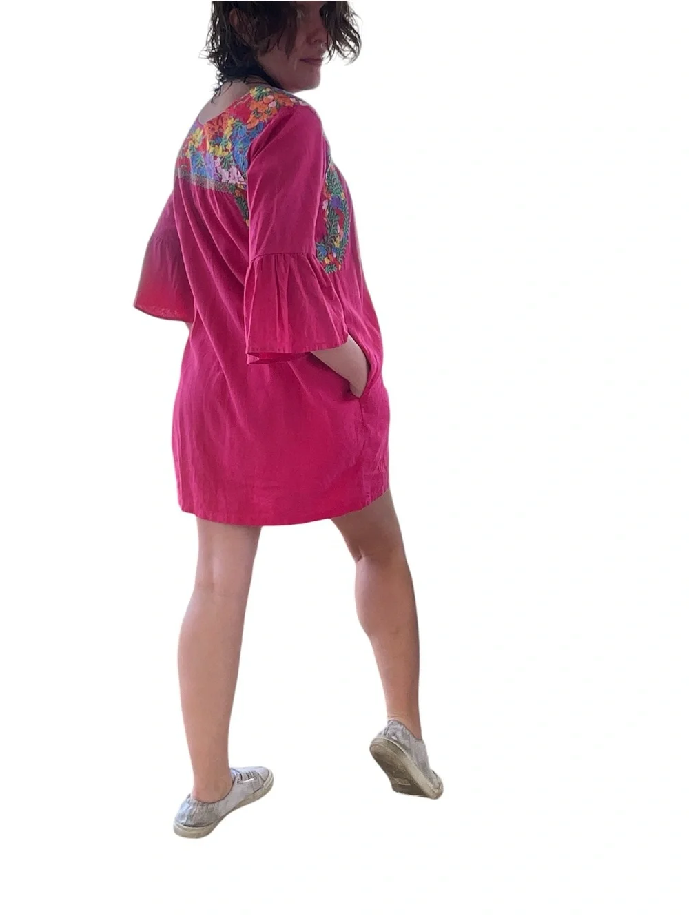 Small Linen‎ blend embroidered hot pink fuchsia dress with pockets boho resort